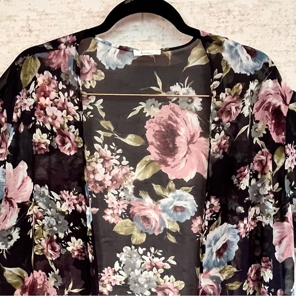 Sheer Floral Kimono Robe Sz M Made in USA Beach Cover-Up - Picture 2 of 15